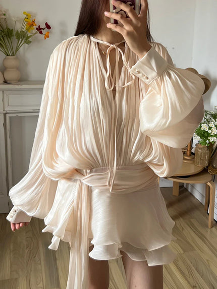 Ivana™ | Lacy V-neck Sleeved Mini Dress Apricot Dresses