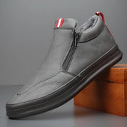 Men's Non-Slip Plush-Lined Leather Sneakers Gray Shoes