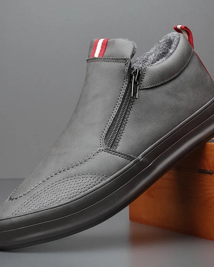 Men's Non-Slip Plush-Lined Leather Sneakers Gray Shoes