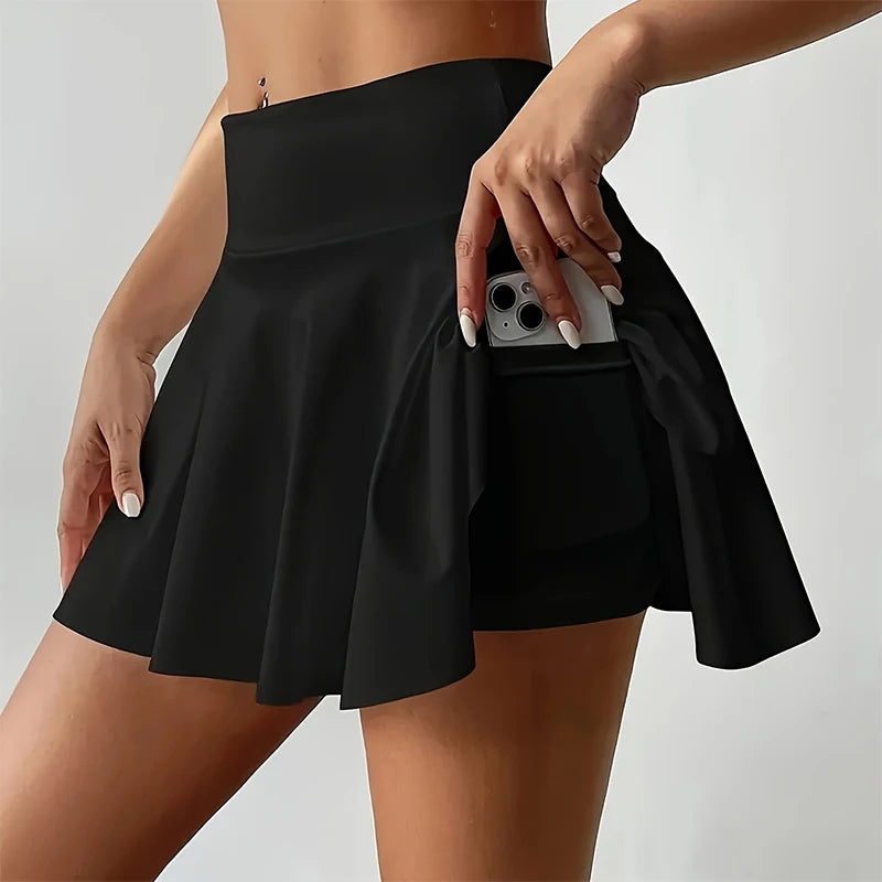 Women's Sports High Waisted Short Skirt Comfortable Breathable Belt Safety Pants and Pocket Tennis Yoga Golf Mini Skirt black