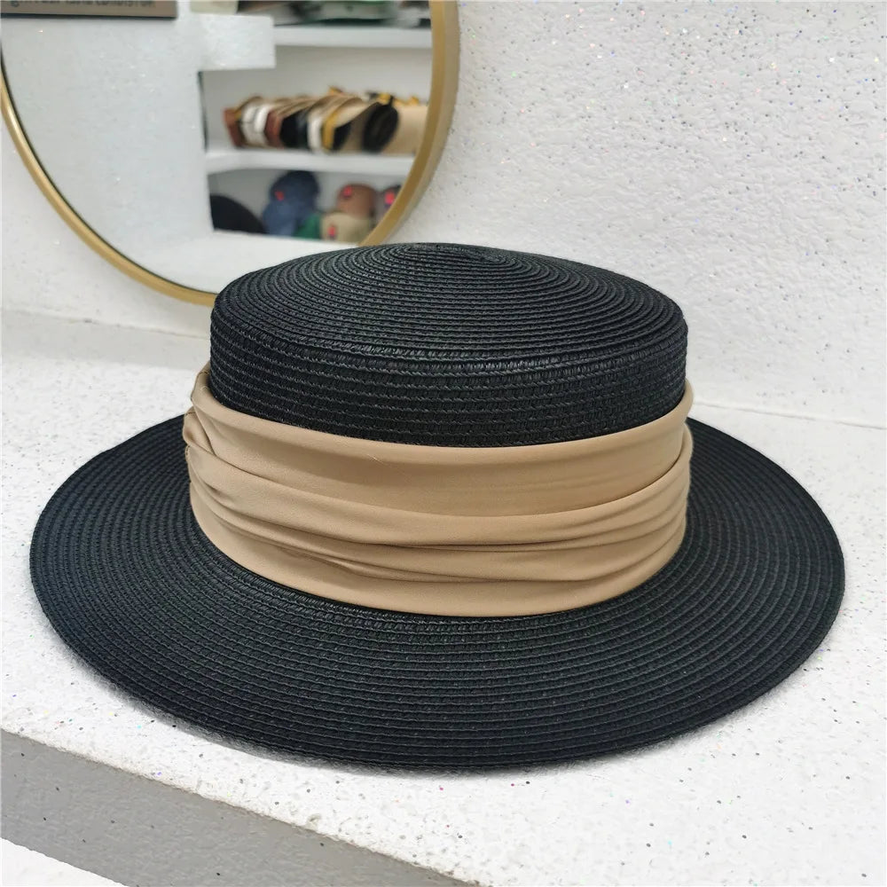 New Fedoras Summer Women's Boater Beach Hat Wide Side Female Casual Panama Hat Lady Classic Flat Bowknot Straw Sun Hat Women Black Khaki 54-58cm
