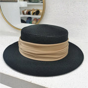 New Fedoras Summer Women's Boater Beach Hat Wide Side Female Casual Panama Hat Lady Classic Flat Bowknot Straw Sun Hat Women Black Khaki 54-58cm