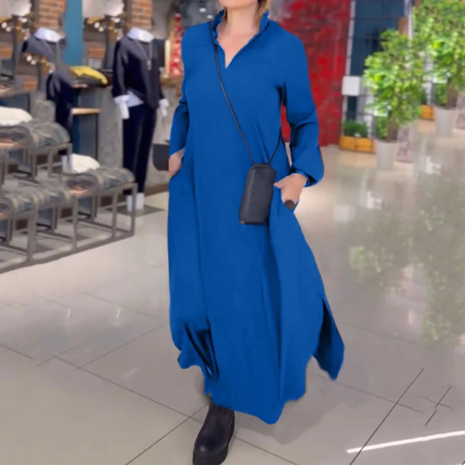Brisa | Elegant Long-Sleeve V-Neck Maxi Dress Blue Dresses