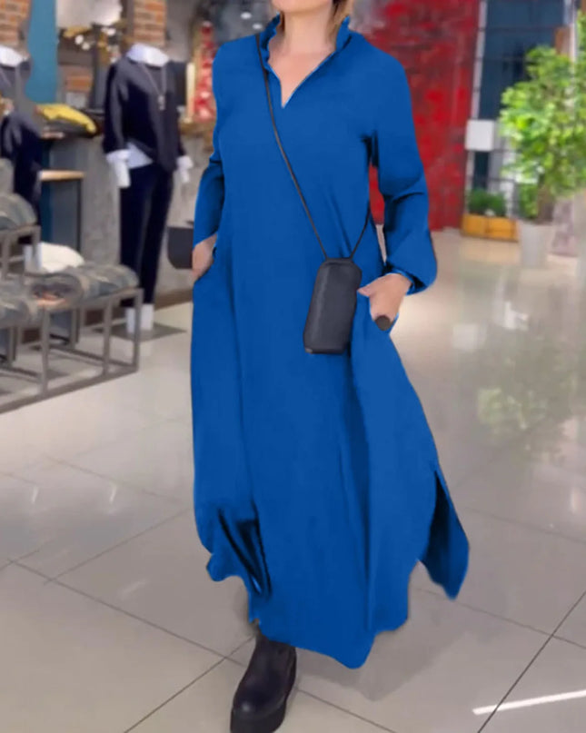 Brisa™ | Elegant Long-Sleeve V-Neck Maxi Dress Blue Dresses