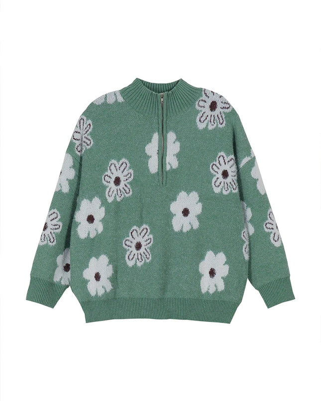 Plus Size Cozy Elegant Printed Zip Crew Neck Sweater Women Sweater
