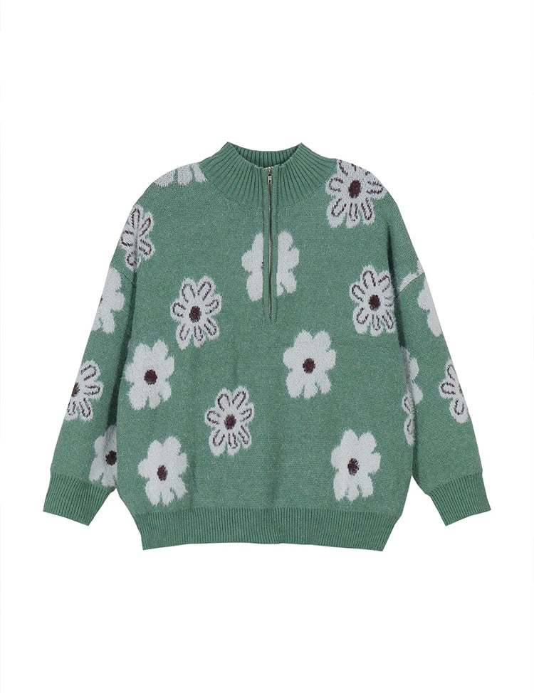 Plus Size Cozy Elegant Printed Zip Crew Neck Sweater Women Sweater