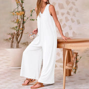 Women's Sleeveless V-Neck Wide‑Leg Jumpsuit White Dresses
