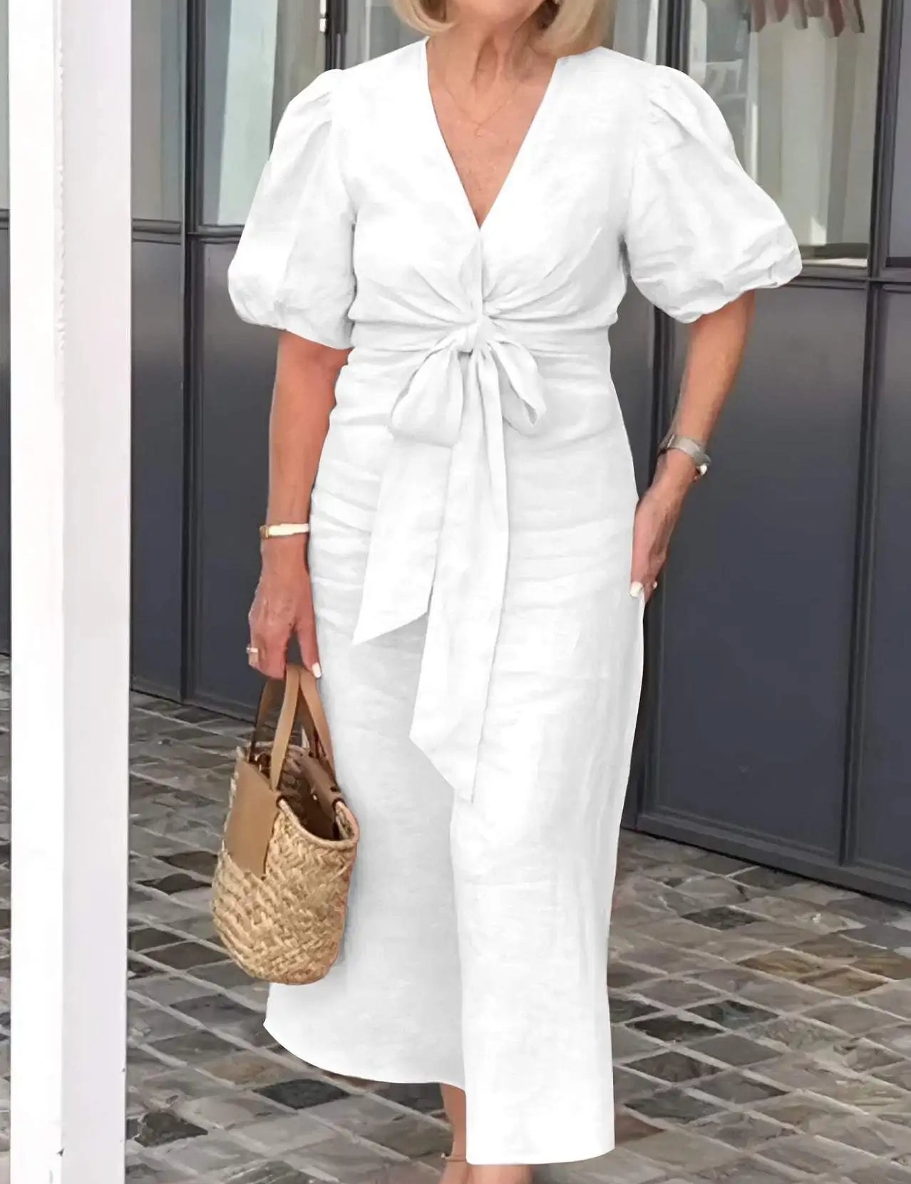 Esther | V-Neck Cotton Dress With Laces - OKOHOKO™ FASHION