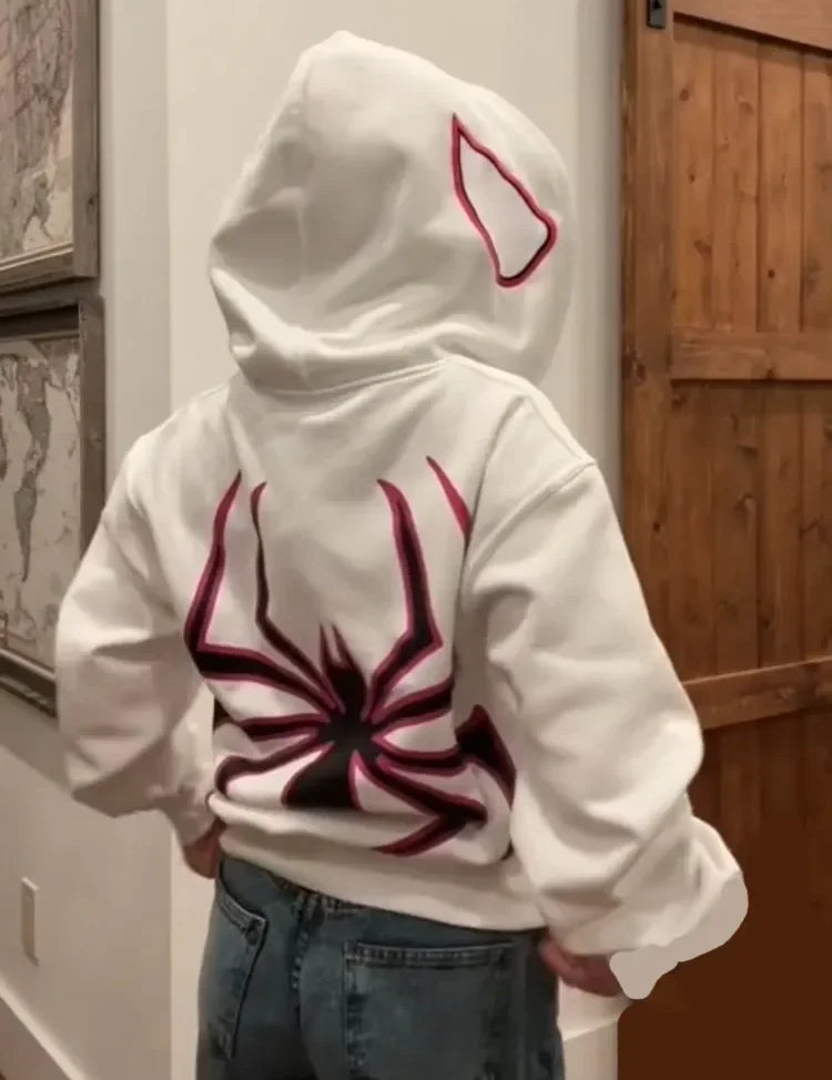Men’s & Women’s Spider Print Hoodie – Unisex Gothic Streetwear Pullover White Hoodies