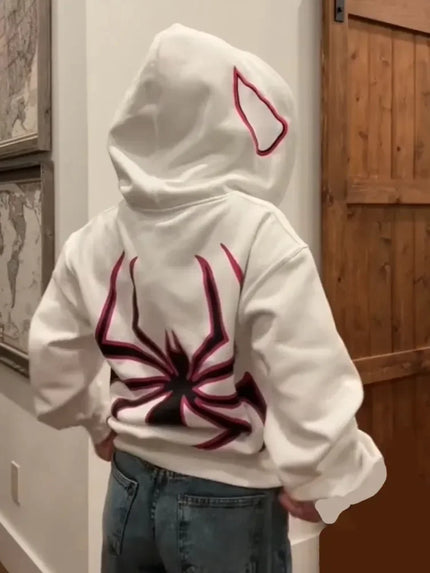 Men’s & Women’s Spider Print Hoodie – Unisex Gothic Streetwear Pullover White Hoodies