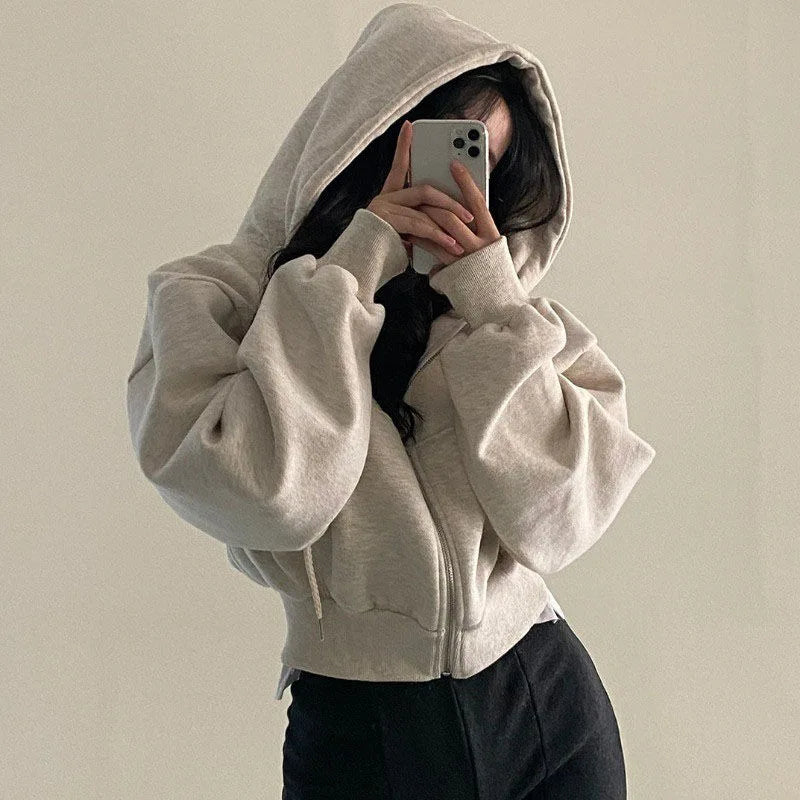 Women’s Y2K Cropped Zip-Up Hoodie – Casual Streetwear Jacket Light Grey Hoodie