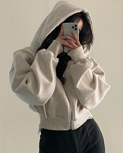 Women’s Y2K Cropped Zip-Up Hoodie – Casual Streetwear Jacket Light Grey Hoodie