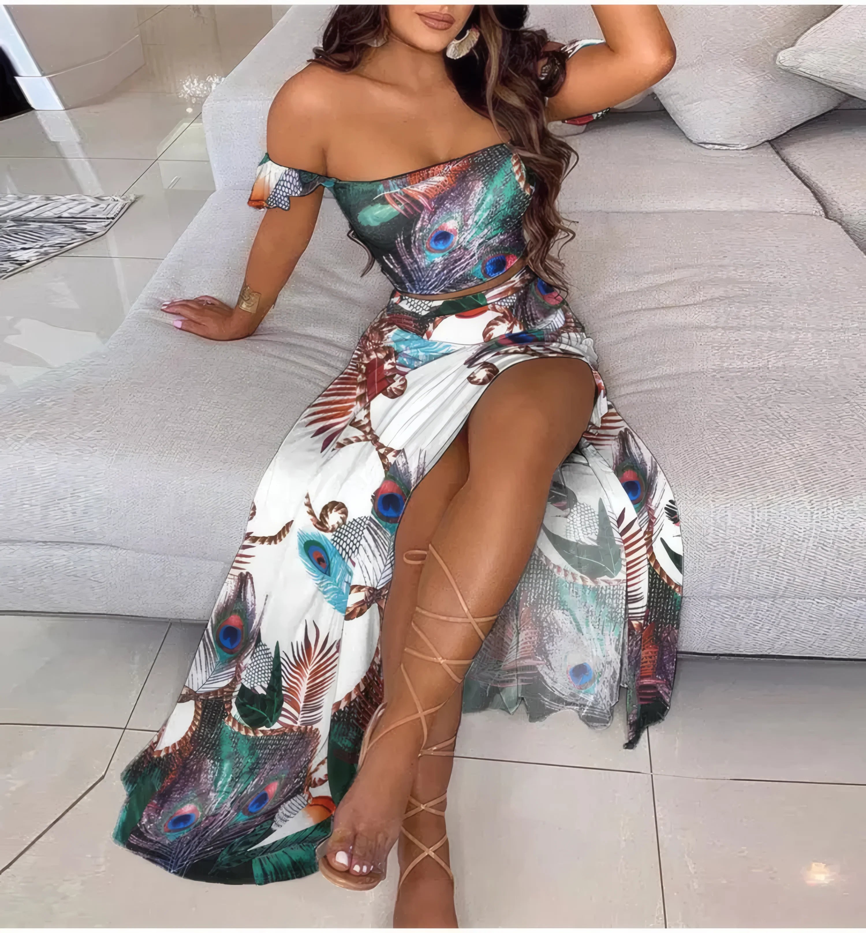 Boho Chic Ensemble Two Piece Set Peacock Feathers