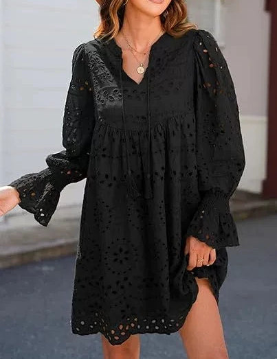 Vintage Eyelet Cotton Midi Dress Black Dresses