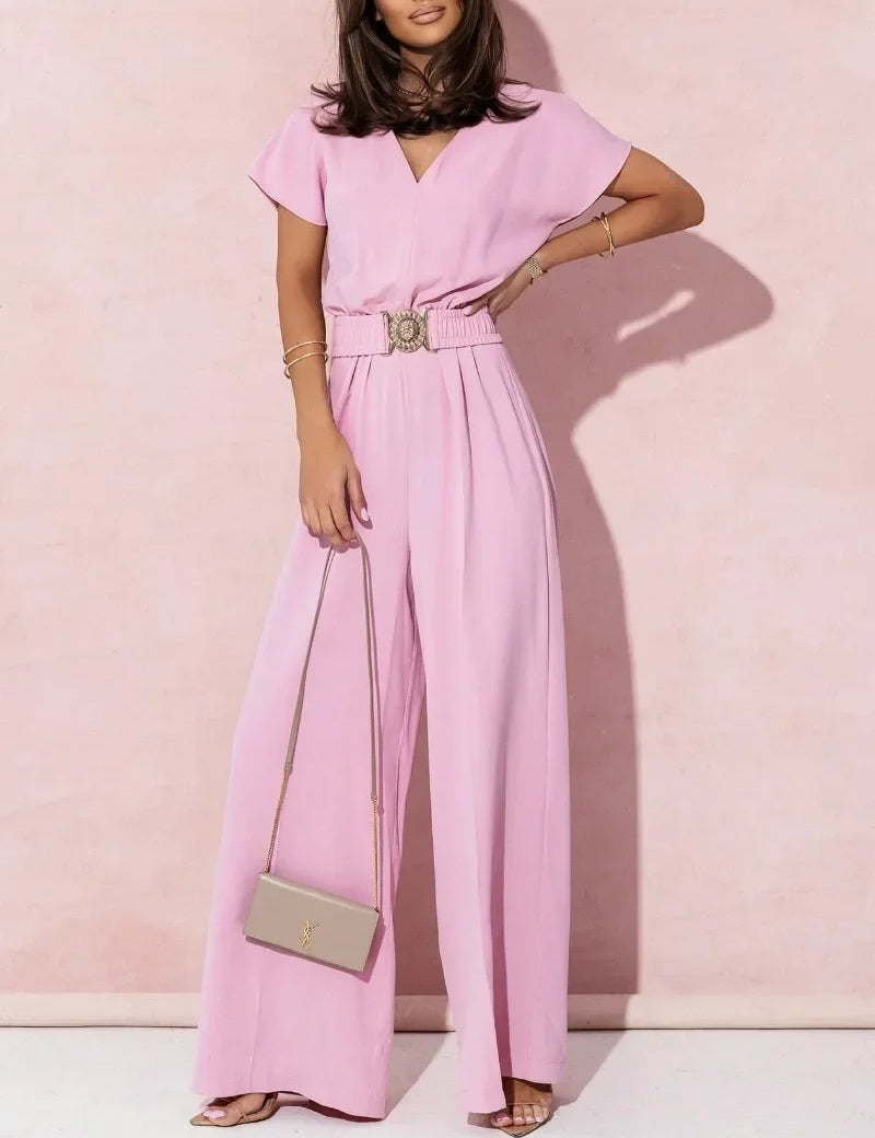 Ann | V-neck Short Sleeve Jumpsuit with Casual Belt - OKOHOKO™ FASHION