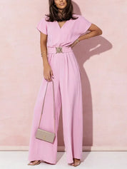 Ann | V-neck Short Sleeve Jumpsuit with Casual Belt Pink
