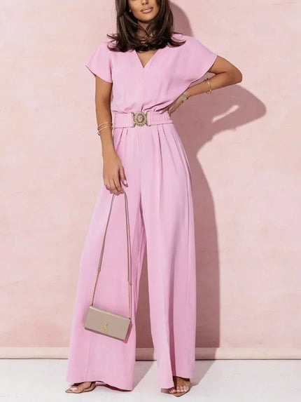 Ann | V-neck Short Sleeve Jumpsuit with Casual Belt Pink