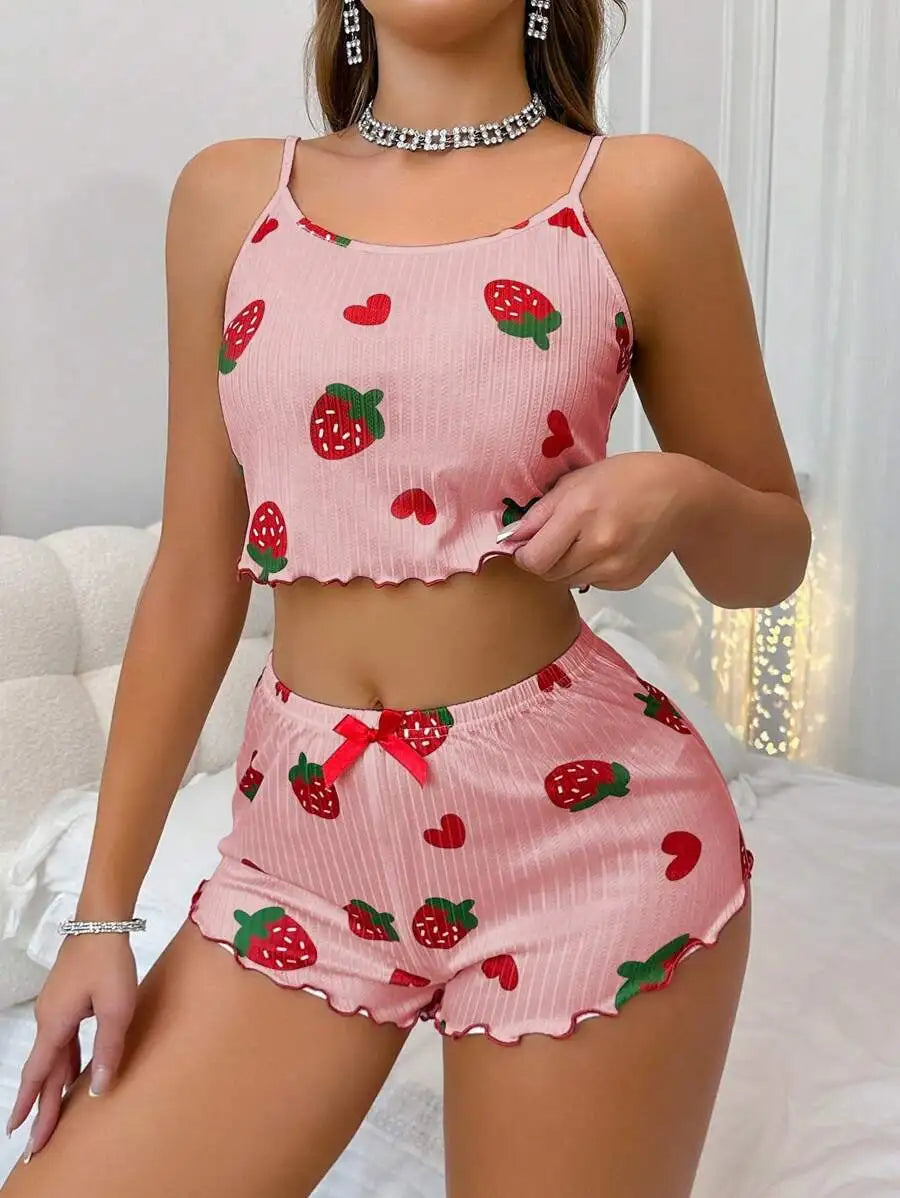 Women’s Strawberry Print Milk-Silk Cami & Shorts Pajama Set Women's Tops