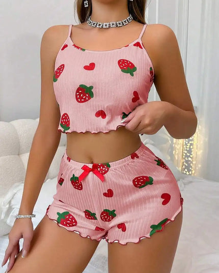 Women’s Strawberry Print Milk-Silk Cami & Shorts Pajama Set Women's Tops