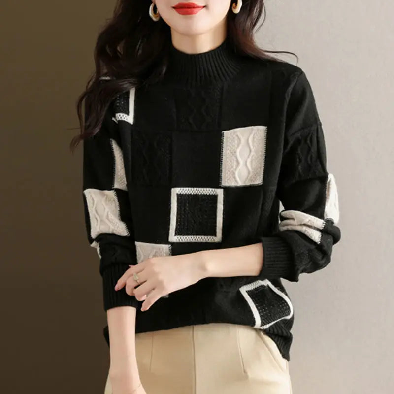 Cozy Mélange Knit Sweater – Chic Patchwork Blend Black Sweaters