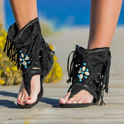 Holly™ - Retro Fringe Boho Sandals Black