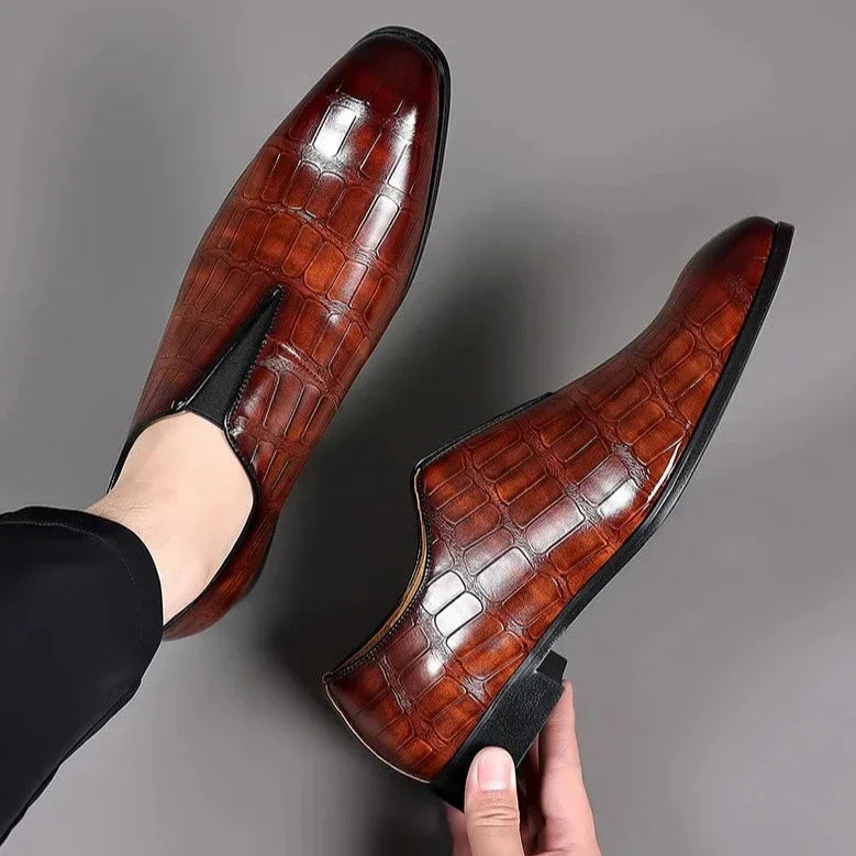 George™ Slip-On Leather Loafers – Stone Pattern Shoes