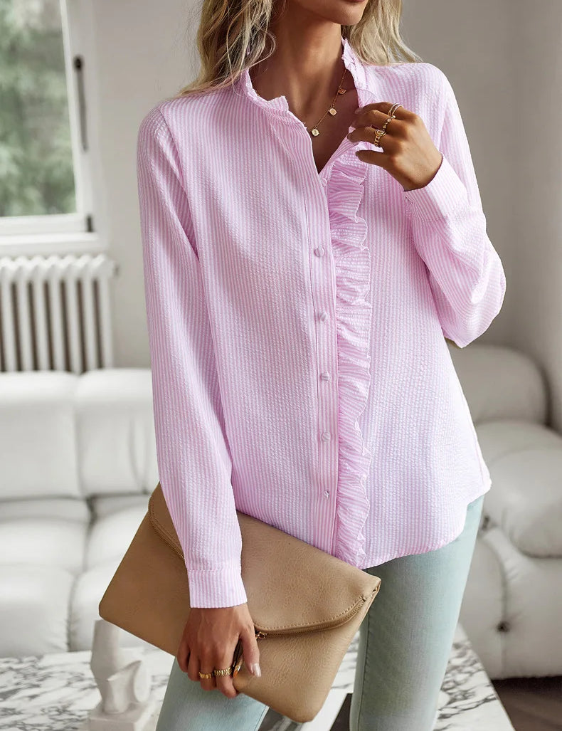 Nora I Elegant Office Frill with Stand-Up Collar Shirt Light Pink Women Blouse