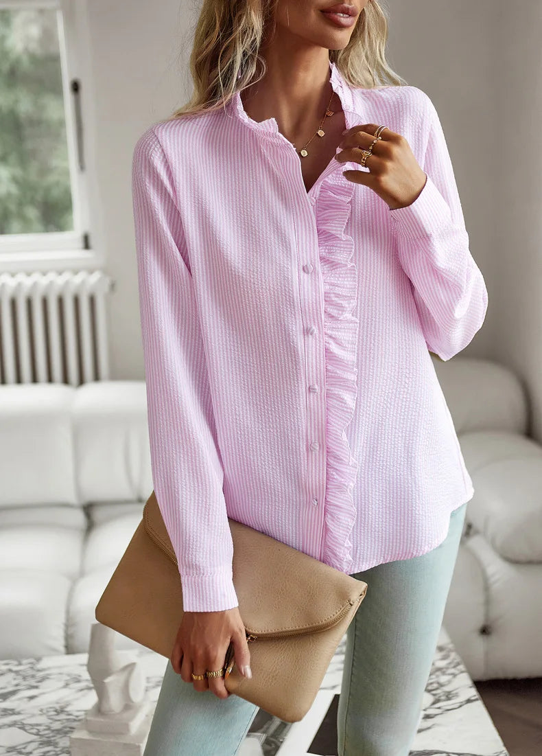 Nora I Elegant Office Frill with Stand-Up Collar Shirt Light Pink Women Blouse