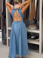 Women’s Pleated High-Waist A-Line Denim Dress Dresses