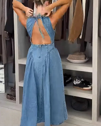 Women’s Pleated High-Waist A-Line Denim Dress – Backless & Sleeveless Party Dress Dresses