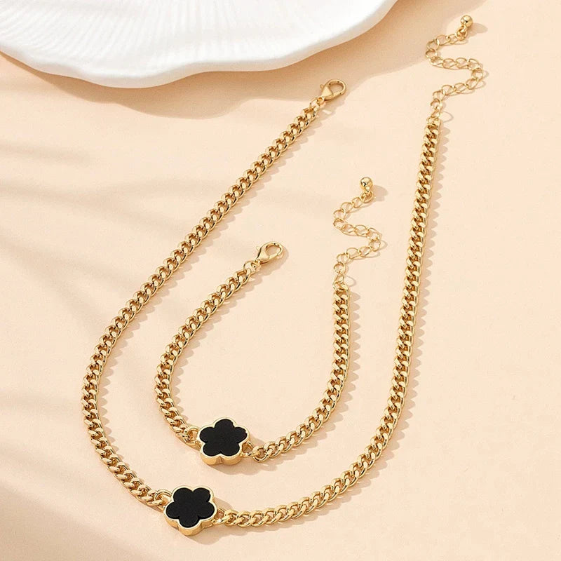 Lucky Four‑Leaf Clover Charm Set Necklace Black Jewelry Sets