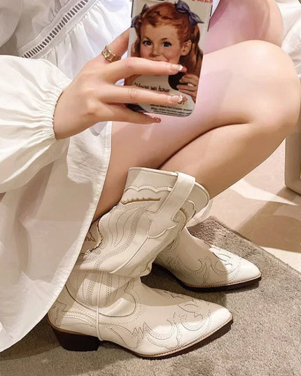 Vintage Square Toe Embroidered Western Cowboy Boots with Side Zipper Boots