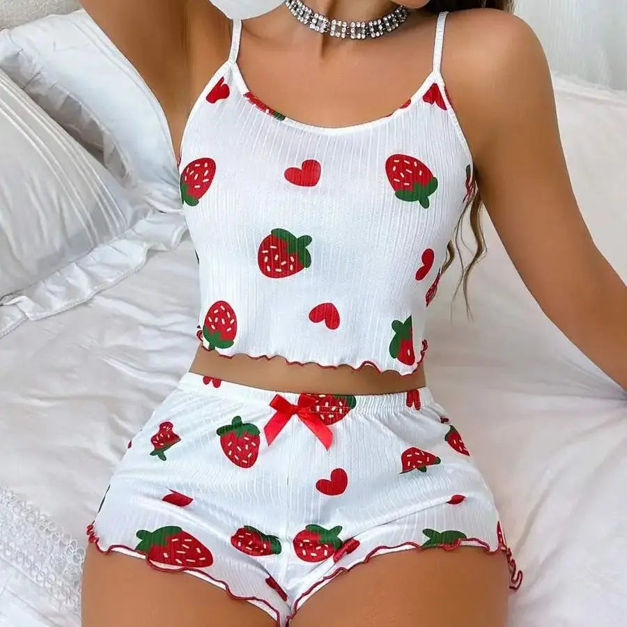 Women’s Strawberry Print Milk-Silk Cami & Shorts Pajama Set Women's Tops
