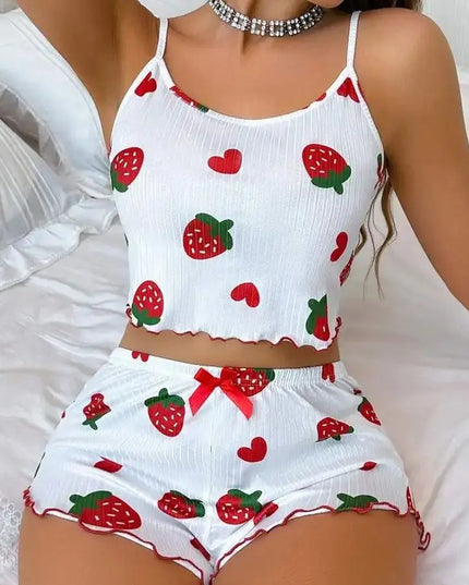 Women’s Strawberry Print Milk-Silk Cami & Shorts Pajama Set Women's Tops