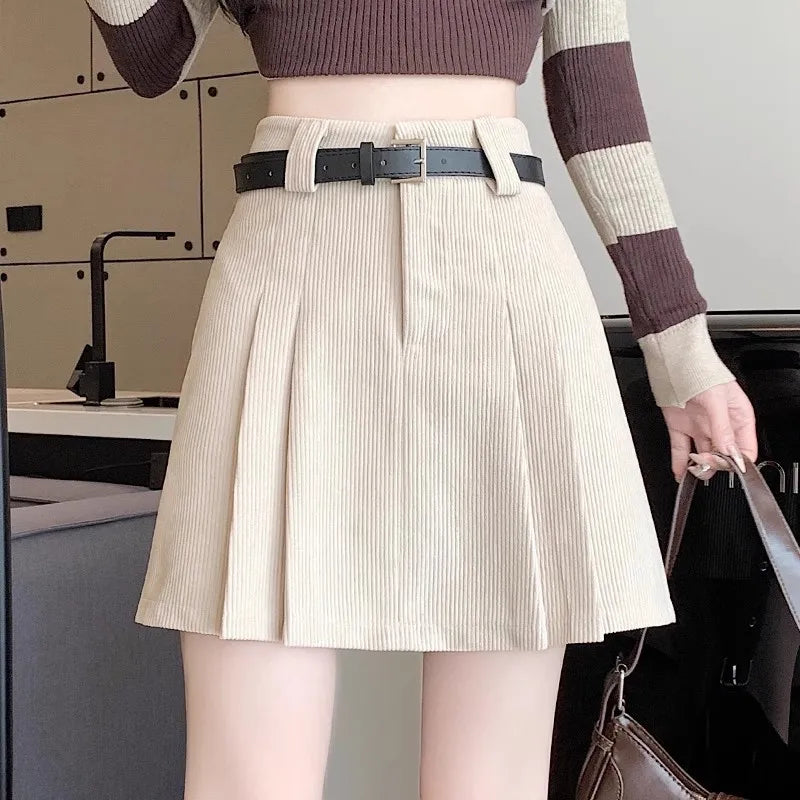 Vintage Corduroy Skirt – High-Waist Pleated Chic Beige Skirts