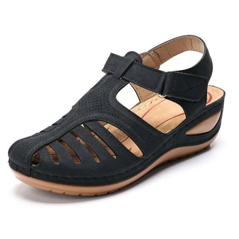 Woman Summer Vintage Orthopedic PU Leather Sandals Black Shoes & Sandals