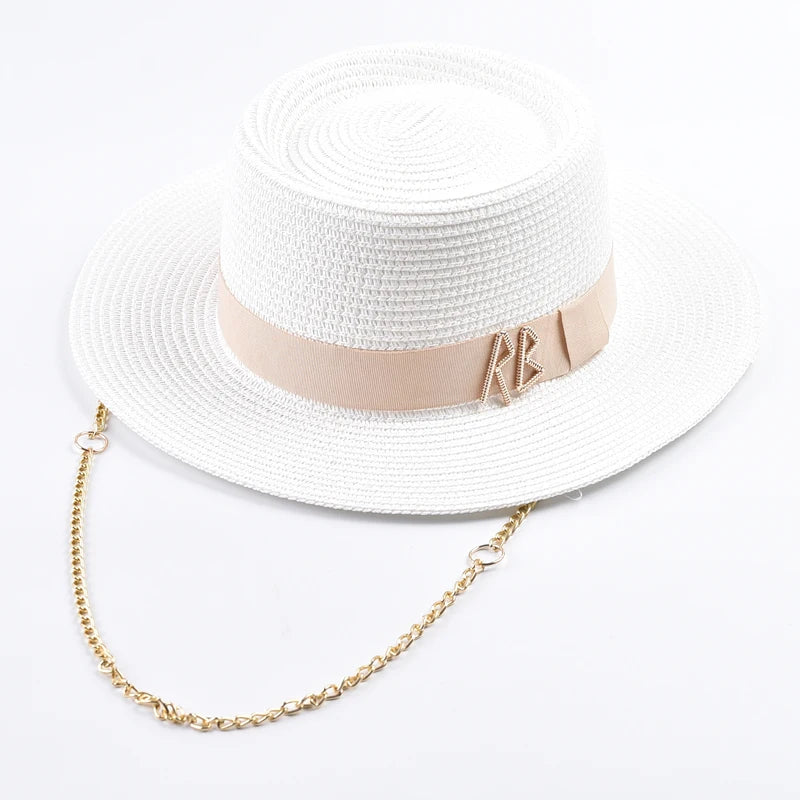 Summer Straw Hats for Women Ribbon Decoration Elegant Ladies Party Dress Hats Travel Beach Sun Hat Chapeau Femme WHITE One Size