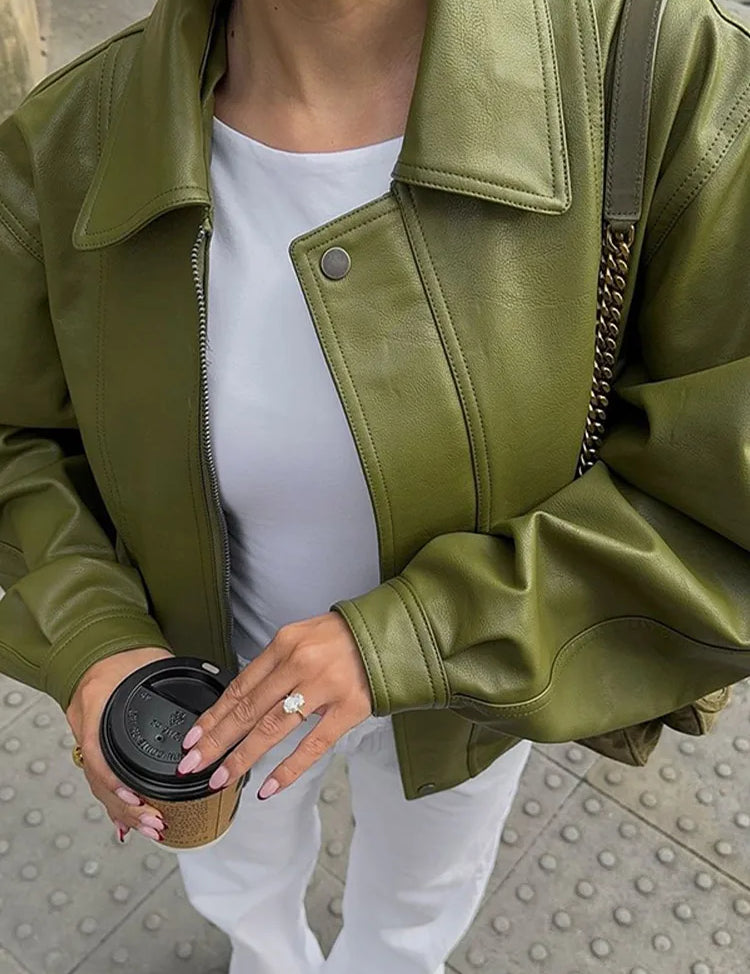 Nyra™ | Oversized Premium Faux Leather Jacket Green Jackets