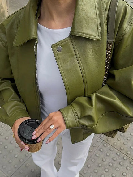 Nyra™ | Oversized Premium Faux Leather Jacket Green Jackets