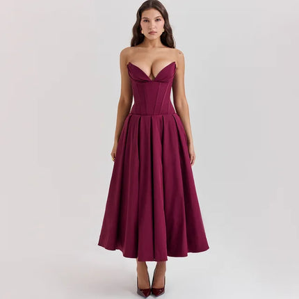 Fiona | Black Strapless Corset Midi Dress Purple Dresses