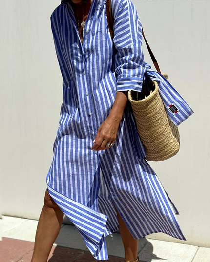 Karina™ | Elegant striped shirt dress Blue Dresses