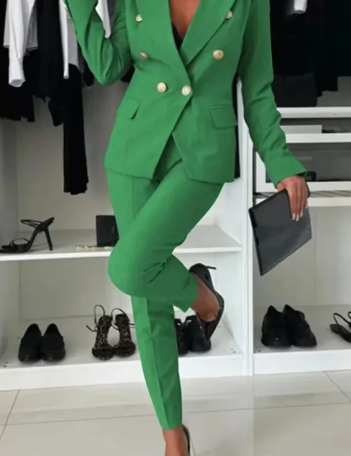 Elyse™ | Corporate Set Blazer & High Waist Pencil Pants Green Two piece set