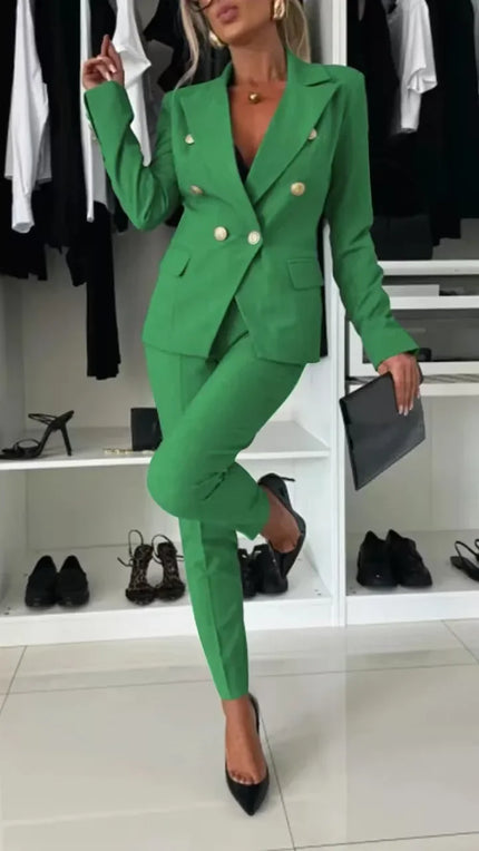 Elyse™ | Corporate Set Blazer & High Waist Pencil Pants Green Two piece set