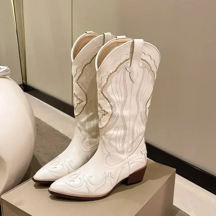 Vintage Square Toe Embroidered Western Cowboy Boots with Side Zipper Boots