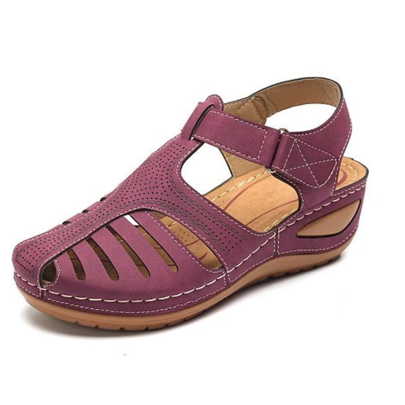 Woman Summer Vintage Orthopedic PU Leather Sandals Purple Shoes & Sandals