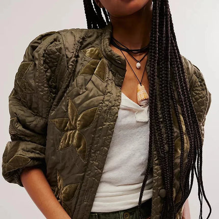 Print O-Neck Single-Breasted Jacket Army green Jacket
