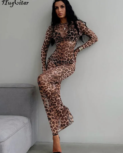 Hugcitar Leopard Print Mesh Maxi Dress Leopard Dresses