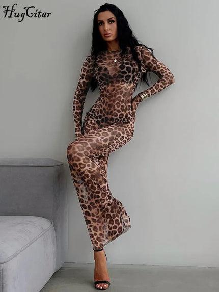 Hugcitar Leopard Print Mesh Maxi Dress Leopard Dresses