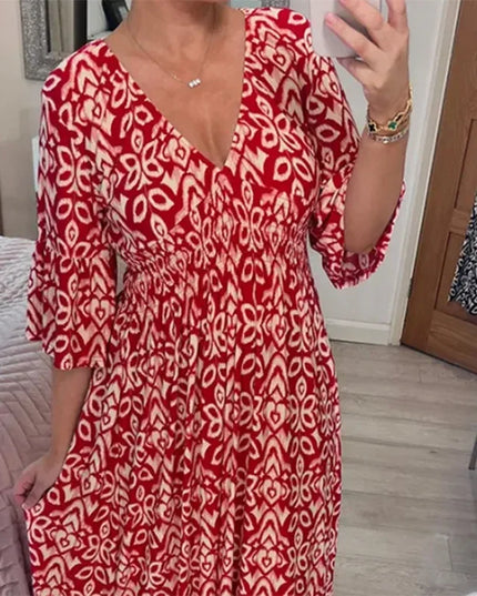 Ruth™ | Casual V-Neck Printed Dress Red Dresses