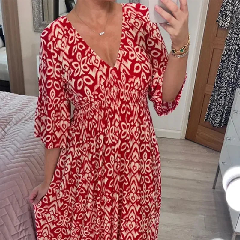 Ruth™ | Casual V-Neck Printed Dress Red Dresses